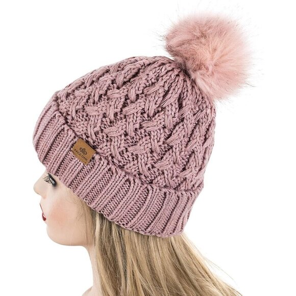 Women’s pink Winter Ribbed Beanie Hat Chunky Cable Knit Pompom Warm